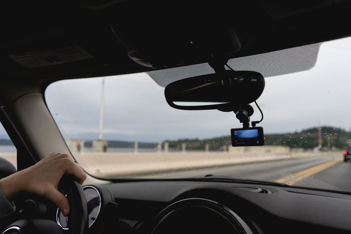 Dash camera mounted on a windshield